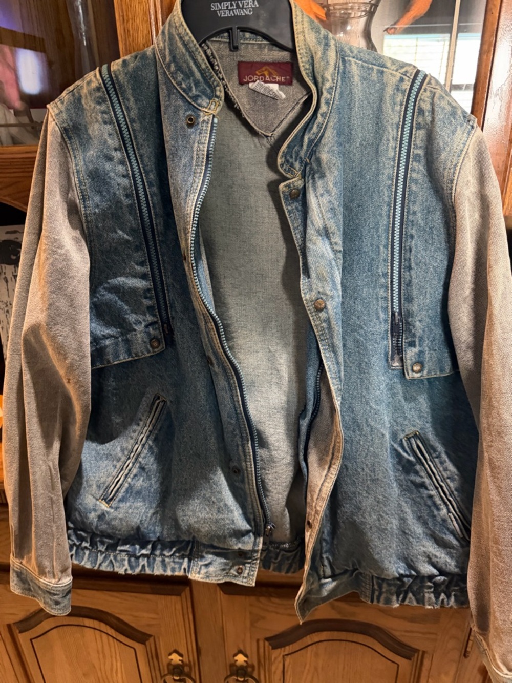 Jordache Two-Tone Blue Denim Bomber Jacket with Gray Sleeves